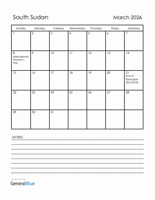 Current month calendar with South Sudan holidays for March 2026
