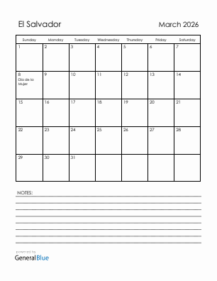 Current month calendar with El Salvador holidays for March 2026