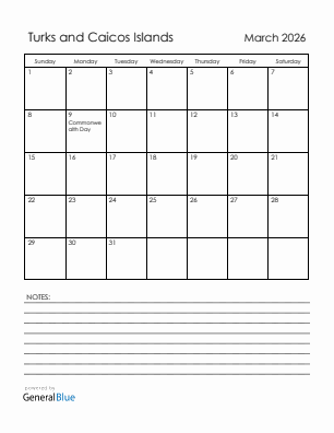 Current month calendar with Turks and Caicos Islands holidays for March 2026