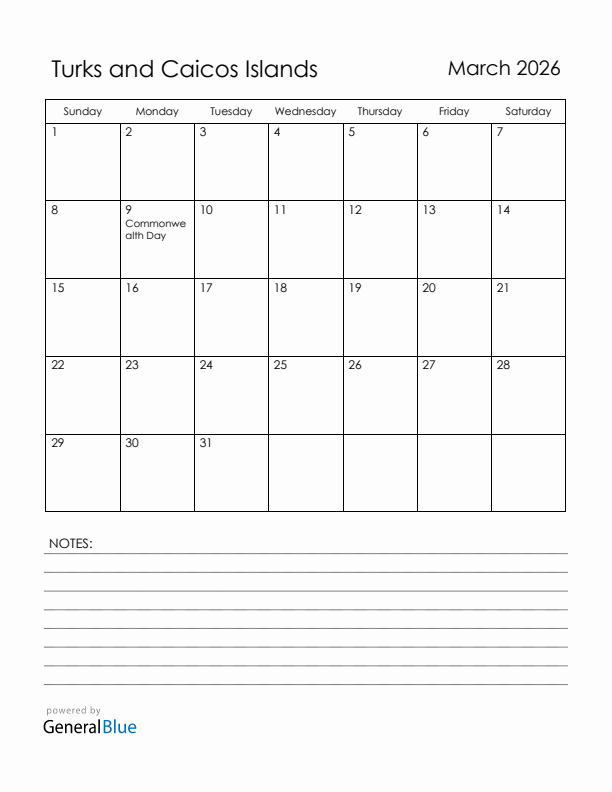 March 2026 Turks and Caicos Islands Calendar with Holidays (Sunday Start)