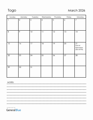 Current month calendar with Togo holidays for March 2026