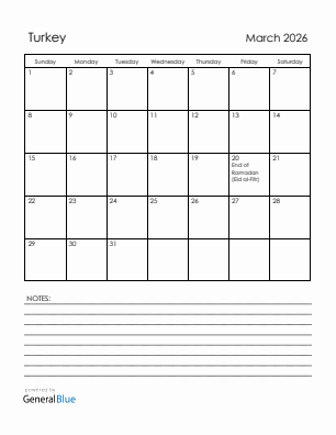 Current month calendar with Turkey holidays for March 2026