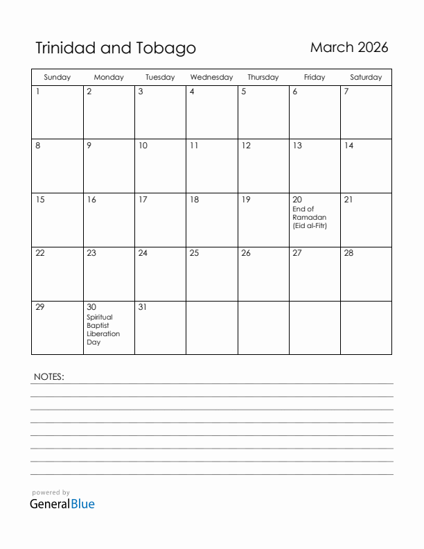 March 2026 Trinidad and Tobago Calendar with Holidays (Sunday Start)