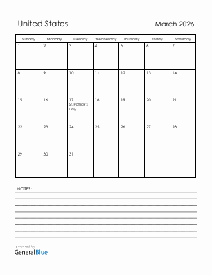 Current month calendar with United States holidays for March 2026