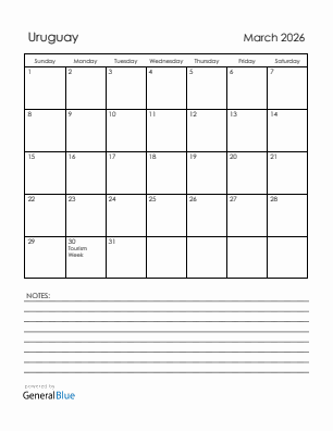 Current month calendar with Uruguay holidays for March 2026