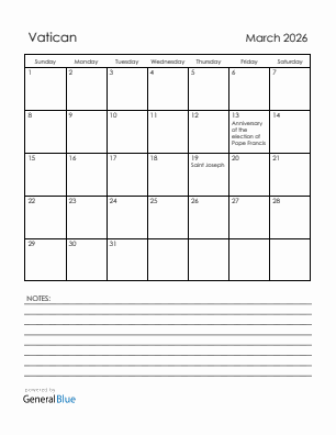 Current month calendar with Vatican holidays for March 2026