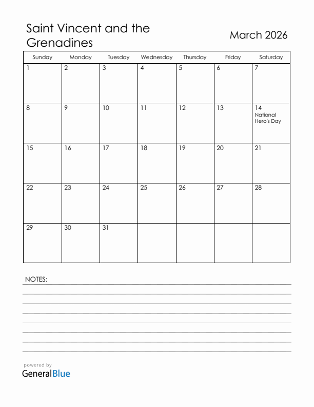 March 2026 Saint Vincent and the Grenadines Calendar with Holidays (Sunday Start)