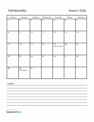 Current month calendar with Venezuela holidays for March 2026