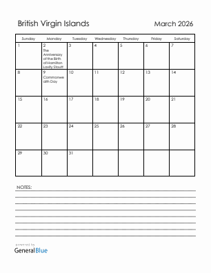 Current month calendar with British Virgin Islands holidays for March 2026