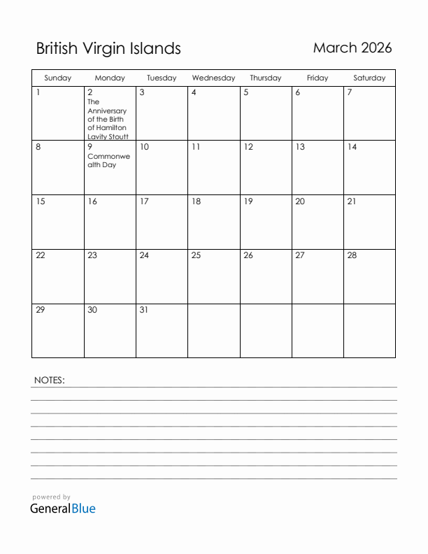 March 2026 British Virgin Islands Calendar with Holidays (Sunday Start)