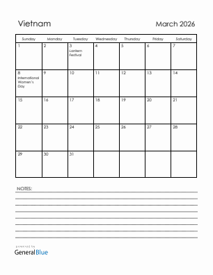 Current month calendar with Vietnam holidays for March 2026