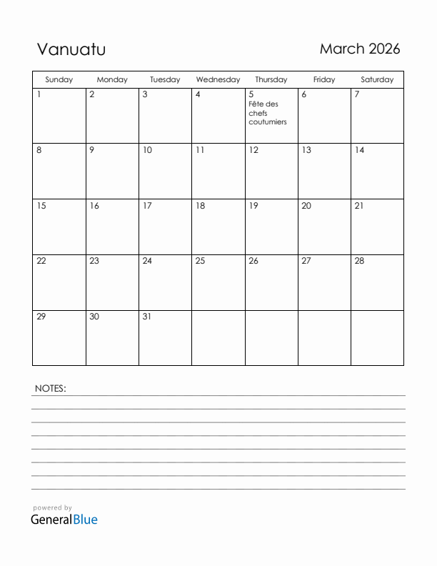 March 2026 Vanuatu Calendar with Holidays (Sunday Start)