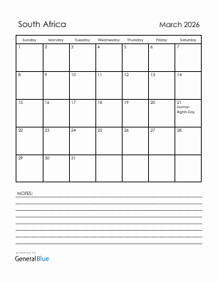 Current month calendar with South Africa holidays for March 2026