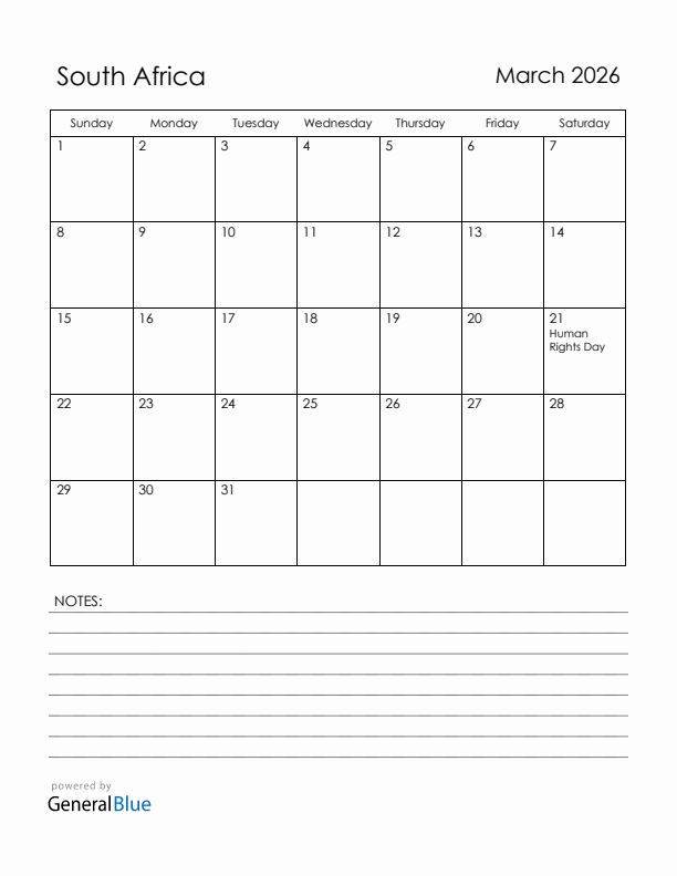 March 2026 South Africa Calendar with Holidays (Sunday Start)