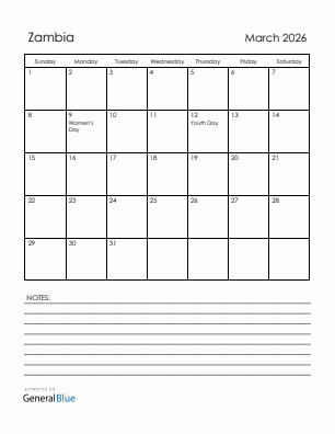 Current month calendar with Zambia holidays for March 2026