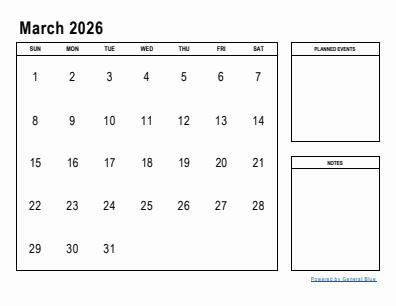Next month calendar March 2026