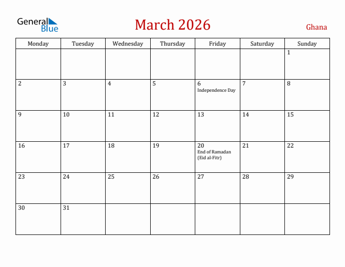 Ghana March 2026 Calendar - Monday Start
