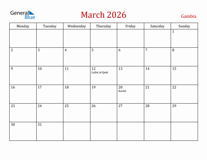 Gambia March 2026 Calendar - Monday Start