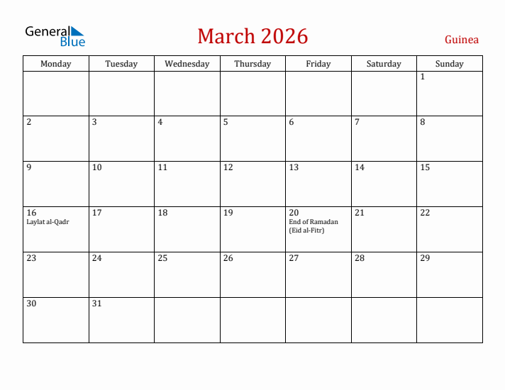 Guinea March 2026 Calendar - Monday Start