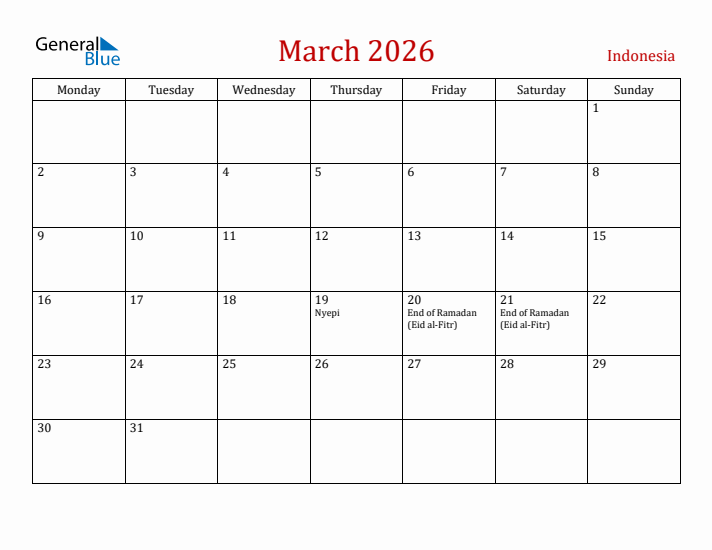 Indonesia March 2026 Calendar - Monday Start
