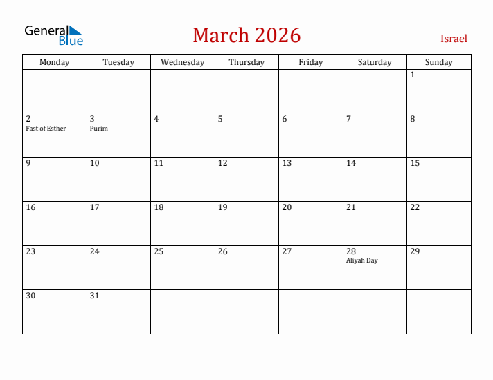Israel March 2026 Calendar - Monday Start