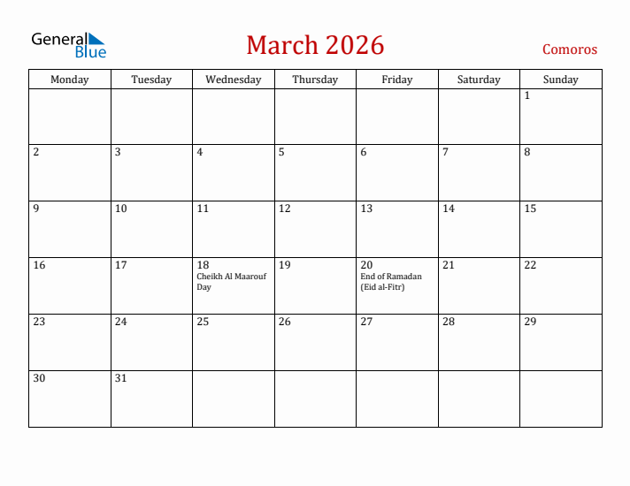Comoros March 2026 Calendar - Monday Start