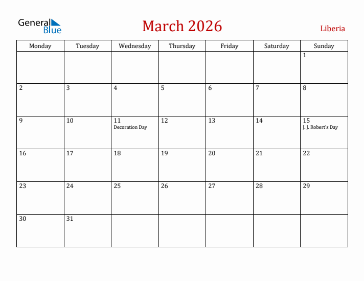 Liberia March 2026 Calendar - Monday Start