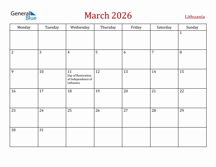 Lithuania March 2026 Calendar - Monday Start