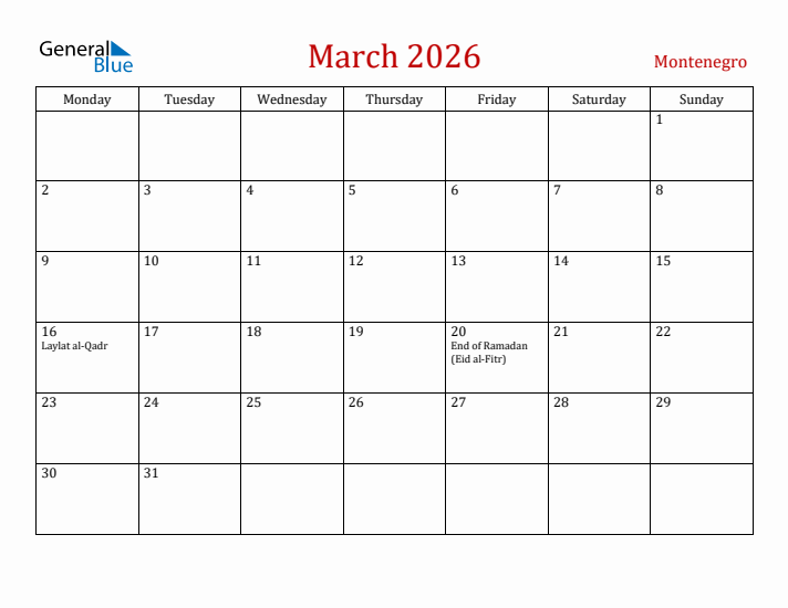 Montenegro March 2026 Calendar - Monday Start