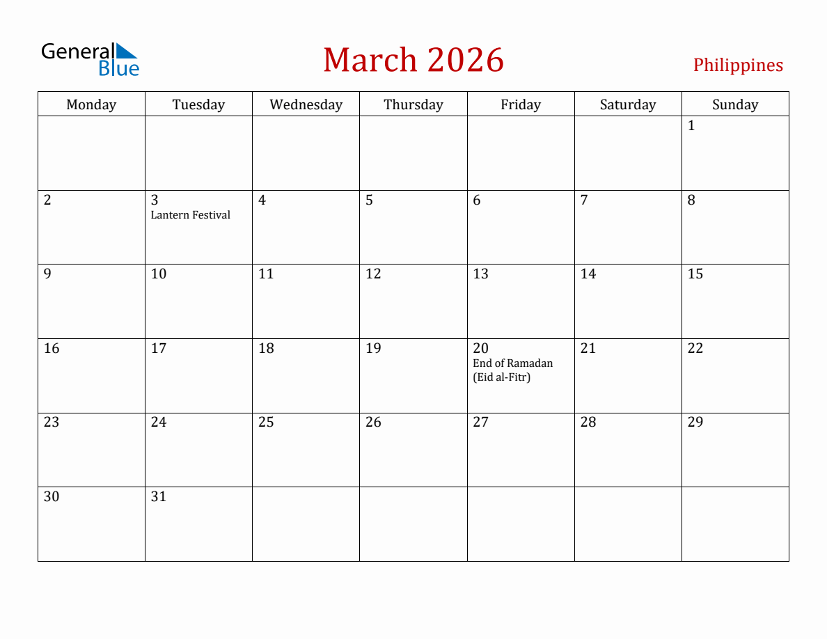 March 2026 Philippines Monthly Calendar with Holidays