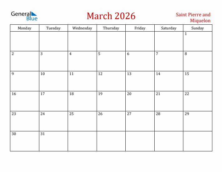 Saint Pierre and Miquelon March 2026 Calendar - Monday Start