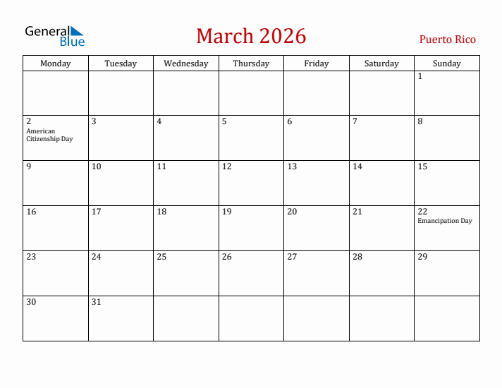 Puerto Rico March 2026 Calendar - Monday Start