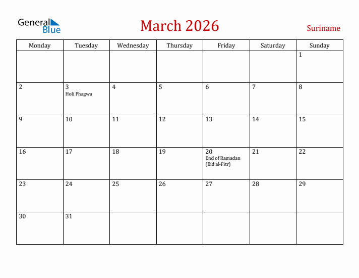 Suriname March 2026 Calendar - Monday Start