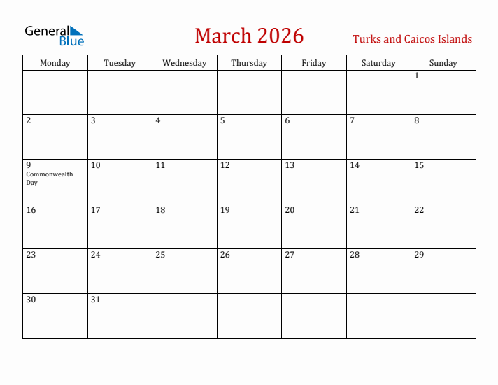 Turks and Caicos Islands March 2026 Calendar - Monday Start