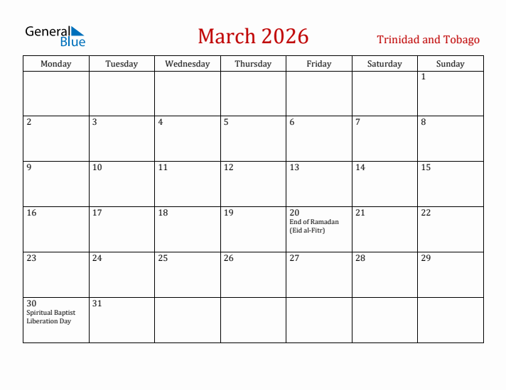 Trinidad and Tobago March 2026 Calendar - Monday Start