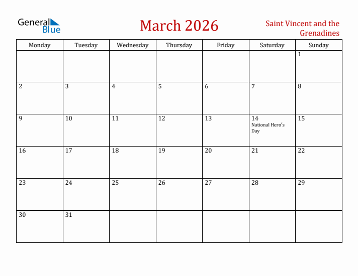 Saint Vincent and the Grenadines March 2026 Calendar - Monday Start