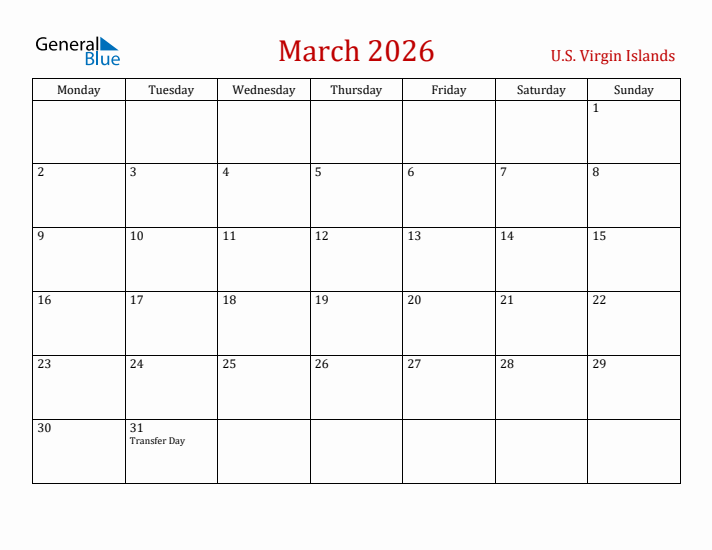 U.S. Virgin Islands March 2026 Calendar - Monday Start