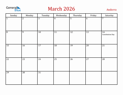 Current month calendar with Andorra holidays for March 2026