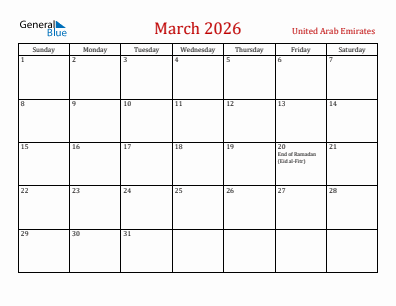 Current month calendar with United Arab Emirates holidays for March 2026