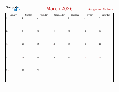 Current month calendar with Antigua and Barbuda holidays for March 2026