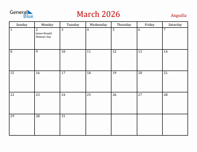 Current month calendar with Anguilla holidays for March 2026