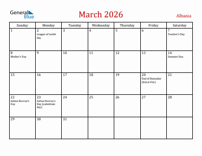 Current month calendar with Albania holidays for March 2026