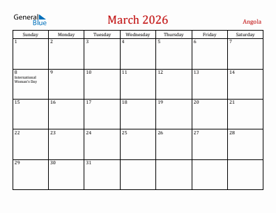 Current month calendar with Angola holidays for March 2026