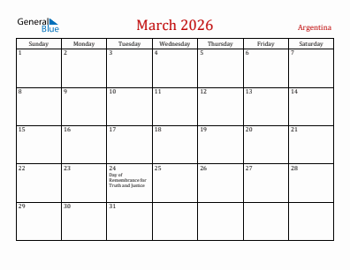 Current month calendar with Argentina holidays for March 2026