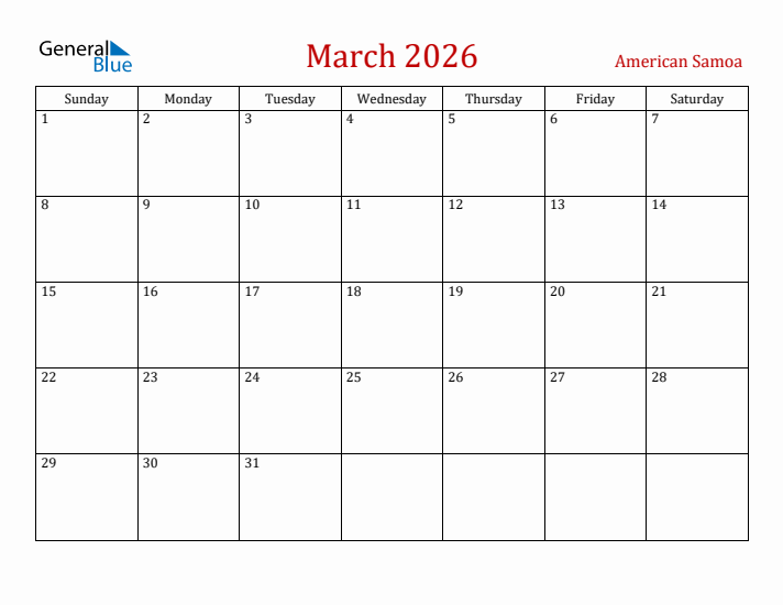 American Samoa March 2026 Calendar - Sunday Start