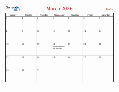 Current month calendar with Aruba holidays for March 2026