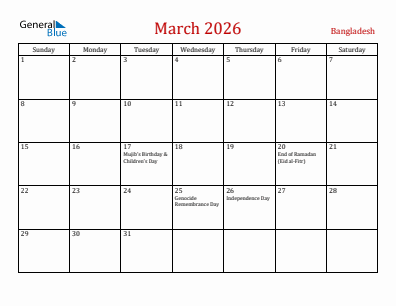 Current month calendar with Bangladesh holidays for March 2026