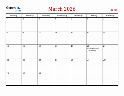 Current month calendar with Benin holidays for March 2026