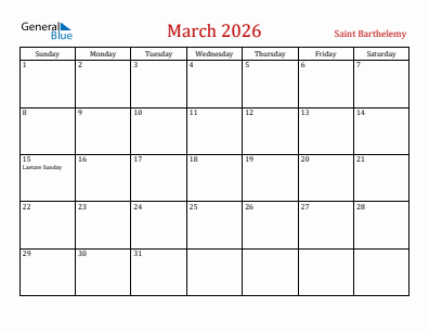 Current month calendar with Saint Barthelemy holidays for March 2026