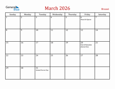 Current month calendar with Brunei holidays for March 2026
